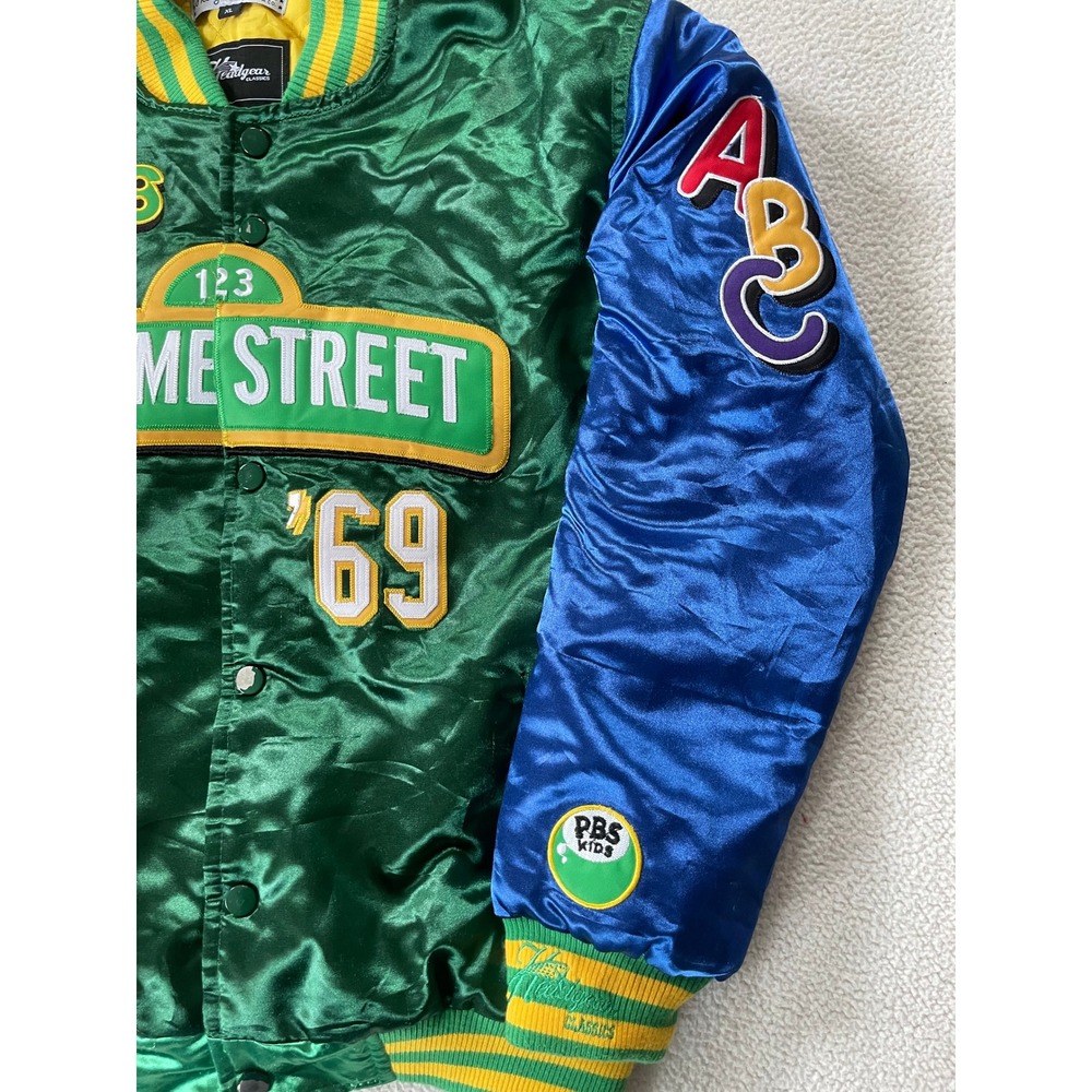 Headgear Classics Mens XL Varsity Jacket Green Sesame Street PBS Satin Bomber - Picture 8 of 16